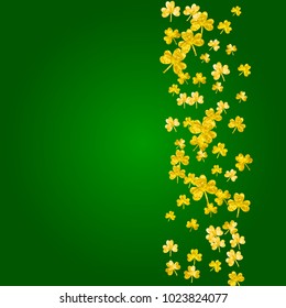 St patricks day background with shamrock. Lucky trefoil confetti. Glitter frame of clover leaves. Template for gift coupons, vouchers, ads, events. Merry st patricks day backdrop.