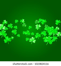 St patricks day background with shamrock. Lucky trefoil confetti. Glitter frame of clover leaves. Template for special business offer, banner, flyer. Dublin st patricks day backdrop.