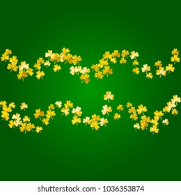 St patricks day background with shamrock. Lucky trefoil confetti. Glitter frame of clover leaves. Template for party invite, retail offer and ad. Festal st patricks day backdrop.