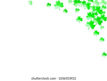 St patricks day background with shamrock. Lucky trefoil confetti. Glitter frame of clover leaves. Template for party invite, retail offer and ad. Happy st patricks day backdrop