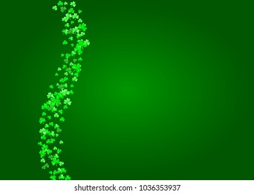 St patricks day background with shamrock. Lucky trefoil confetti. Glitter frame of clover leaves. Template for voucher, special business ad, banner. Irish st patricks day backdrop