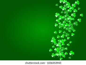 St patricks day background with shamrock. Lucky trefoil confetti. Glitter frame of clover leaves. Template for special business offer, banner, flyer. Celtic st patricks day backdrop