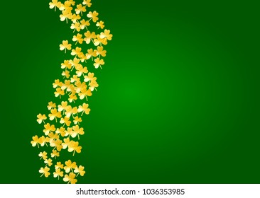 St patricks day background with shamrock. Lucky trefoil confetti. Glitter frame of clover leaves. Template for special business offer, banner, flyer. Festive st patricks day backdrop