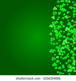 St patricks day background with shamrock. Lucky trefoil confetti. Glitter frame of clover leaves. Template for flyer, special business offer, promo. Holiday st patricks day backdrop.