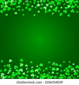 St patricks day background with shamrock. Lucky trefoil confetti. Glitter frame of clover leaves. Template for flyer, special business offer, promo. Festive st patricks day backdrop.