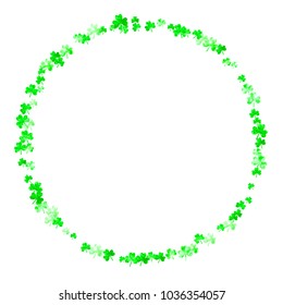 St patricks day background with shamrock. Lucky trefoil confetti. Glitter frame of clover leaves. Template for party invite, retail offer and ad. Festive st patricks day backdrop.