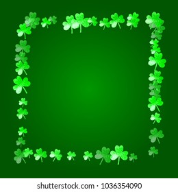 St patricks day background with shamrock. Lucky trefoil confetti. Glitter frame of clover leaves. Template for poster, gift certificate, banner. Happy st patricks day backdrop.