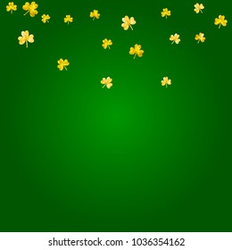 St patricks day background with shamrock. Lucky trefoil confetti. Glitter frame of clover leaves. Template for gift coupons, vouchers, ads, events. Festal st patricks day backdrop.