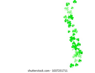 St patricks day background with shamrock. Lucky trefoil confetti. Glitter frame of clover leaves. Template for voucher, special business ad, banner. Happy st patricks day backdrop