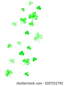 St patricks day background with shamrock. Lucky trefoil confetti. Glitter frame of clover leaves. Template for party invite, retail offer and ad. Festal st patricks day backdrop.