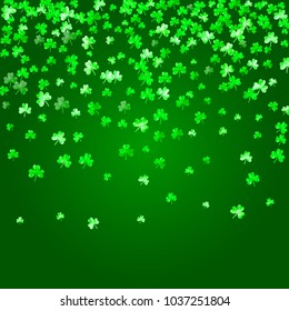 St patricks day background with shamrock. Lucky trefoil confetti. Glitter frame of clover leaves. Template for poster, gift certificate, banner. Irish st patricks day backdrop.