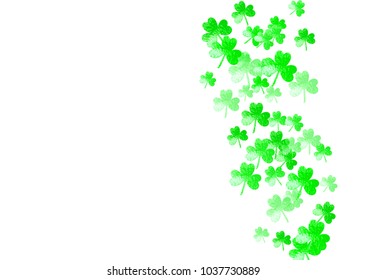 St patricks day background with shamrock. Lucky trefoil confetti. Glitter frame of clover leaves. Template for special business offer, banner, flyer. Festive st patricks day backdrop