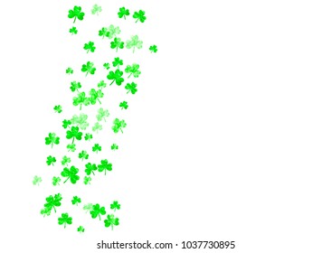 St patricks day background with shamrock. Lucky trefoil confetti. Glitter frame of clover leaves. Template for special business offer, banner, flyer. Irish st patricks day backdrop