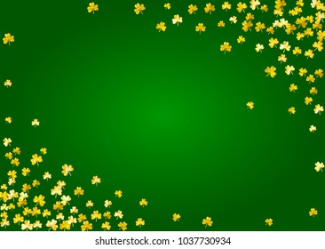 St patricks day background with shamrock. Lucky trefoil confetti. Glitter frame of clover leaves. Template for gift coupons, vouchers, ads, events. Greeting st patricks day backdrop