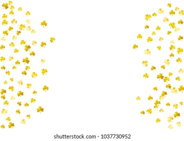 St patricks day background with shamrock. Lucky trefoil confetti. Glitter frame of clover leaves. Template for gift coupons, vouchers, ads, events. Greeting st patricks day backdrop