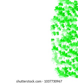 St patricks day background with shamrock. Lucky trefoil confetti. Glitter frame of clover leaves. Template for gift coupons, vouchers, ads, events. Decorative st patricks day backdrop.