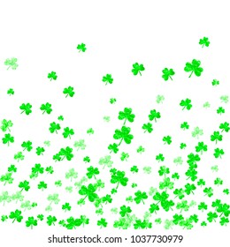 St patricks day background with shamrock. Lucky trefoil confetti. Glitter frame of clover leaves. Template for poster, gift certificate, banner. Holiday st patricks day backdrop.