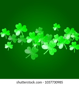 St patricks day background with shamrock. Lucky trefoil confetti. Glitter frame of clover leaves. Template for flyer, special business offer, promo. Irish st patricks day backdrop.