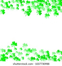 St patricks day background with shamrock. Lucky trefoil confetti. Glitter frame of clover leaves. Template for flyer, special business offer, promo. Holiday st patricks day backdrop.