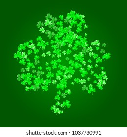 St patricks day background with shamrock. Lucky trefoil confetti. Glitter frame of clover leaves. Template for flyer, special business offer, promo. Celtic st patricks day backdrop.