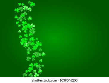 St patricks day background with shamrock. Lucky trefoil confetti. Glitter frame of clover leaves. Template for gift coupons, vouchers, ads, events. Merry st patricks day backdrop