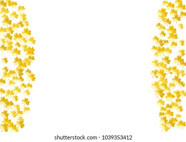 St patricks day background with shamrock. Lucky trefoil confetti. Glitter frame of clover leaves. Template for poster, gift certificate, banner. Holiday st patricks day backdrop