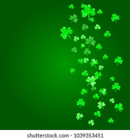 St patricks day background with shamrock. Lucky trefoil confetti. Glitter frame of clover leaves. Template for party invite, retail offer and ad. Decorative st patricks day backdrop.