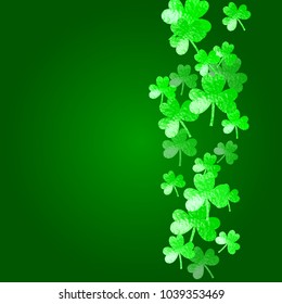 St patricks day background with shamrock. Lucky trefoil confetti. Glitter frame of clover leaves. Template for flyer, special business offer, promo. Festive st patricks day backdrop.