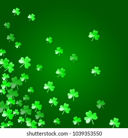 St patricks day background with shamrock. Lucky trefoil confetti. Glitter frame of clover leaves. Template for gift coupons, vouchers, ads, events. Greeting st patricks day backdrop.