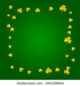 St patricks day background with shamrock. Lucky trefoil confetti. Glitter frame of clover leaves. Template for poster, gift certificate, banner. Festal st patricks day backdrop.