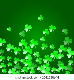 St patricks day background with shamrock. Lucky trefoil confetti. Glitter frame of clover leaves. Template for flyer, special business offer, promo. Decorative st patricks day backdrop.
