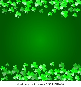 St patricks day background with shamrock. Lucky trefoil confetti. Glitter frame of clover leaves. Template for voucher, special business ad, banner. Irish st patricks day backdrop.