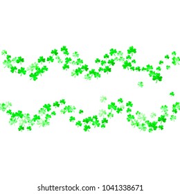 St patricks day background with shamrock. Lucky trefoil confetti. Glitter frame of clover leaves. Template for gift coupons, vouchers, ads, events. Greeting st patricks day backdrop.