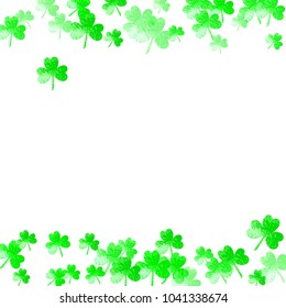 St patricks day background with shamrock. Lucky trefoil confetti. Glitter frame of clover leaves. Template for poster, gift certificate, banner. Festive st patricks day backdrop.
