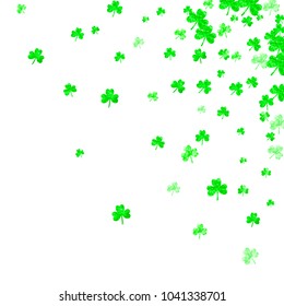 St patricks day background with shamrock. Lucky trefoil confetti. Glitter frame of clover leaves. Template for voucher, special business ad, banner. Holiday st patricks day backdrop.