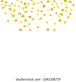 St patricks day background with shamrock. Lucky trefoil confetti. Glitter frame of clover leaves. Template for poster, gift certificate, banner. Holiday st patricks day backdrop.