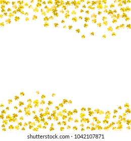 St patricks day background with shamrock. Lucky trefoil confetti. Glitter frame of clover leaves. Template for poster, gift certificate, banner. Irish st patricks day backdrop.