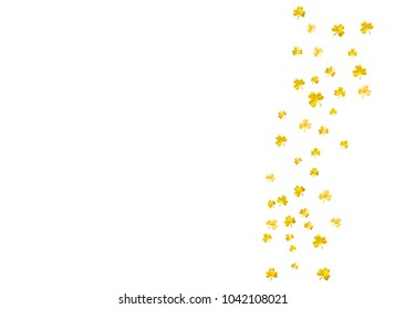 St patricks day background with shamrock. Lucky trefoil confetti. Glitter frame of clover leaves. Template for voucher, special business ad, banner. Festive st patricks day backdrop