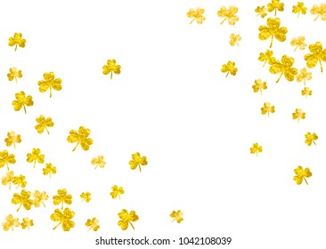 St patricks day background with shamrock. Lucky trefoil confetti. Glitter frame of clover leaves. Template for gift coupons, vouchers, ads, events. Happy st patricks day backdrop