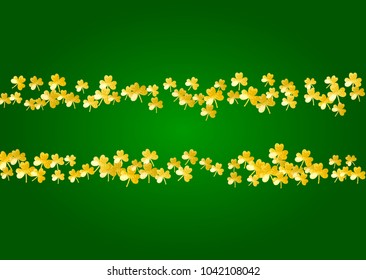 St patricks day background with shamrock. Lucky trefoil confetti. Glitter frame of clover leaves. Template for special business offer, banner, flyer. Dublin st patricks day backdrop