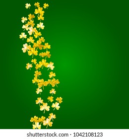 St patricks day background with shamrock. Lucky trefoil confetti. Glitter frame of clover leaves. Template for voucher, special business ad, banner. Irish st patricks day backdrop.