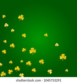St patricks day background with shamrock. Lucky trefoil confetti. Glitter frame of clover leaves. Template for flyer, special business offer, promo. Holiday st patricks day backdrop.