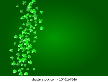 St patricks day background with shamrock. Lucky trefoil confetti. Glitter frame of clover leaves. Template for gift coupons, vouchers, ads, events. Festive st patricks day backdrop