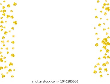 St patricks day background with shamrock. Lucky trefoil confetti. Glitter frame of clover leaves. Template for gift coupons, vouchers, ads, events. Dublin st patricks day backdrop