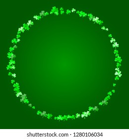 St patricks day background with shamrock. Lucky trefoil confetti. Glitter frame of clover leaves. Template for flyer, special business offer, promo. Celtic st patricks day backdrop.