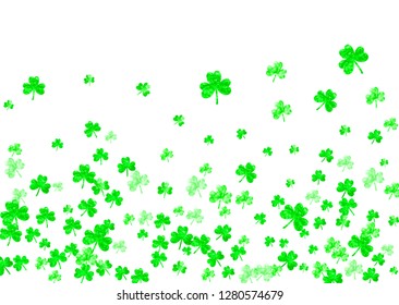 St patricks day background with shamrock. Lucky trefoil confetti. Glitter frame of clover leaves. Template for poster, gift certificate, banner. Festal st patricks day backdrop