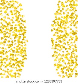 St patricks day background with shamrock. Lucky trefoil confetti. Glitter frame of clover leaves. Template for voucher, special business ad, banner. Festive st patricks day backdrop.