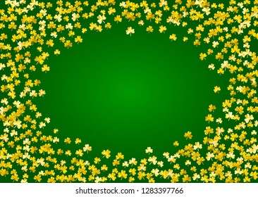 St patricks day background with shamrock. Lucky trefoil confetti. Glitter frame of clover leaves. Template for flyer, special business offer, promo. Greeting st patricks day backdrop