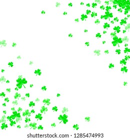 St patricks day background with shamrock. Lucky trefoil confetti. Glitter frame of clover leaves. Template for party invite, retail offer and ad. Celtic st patricks day backdrop.