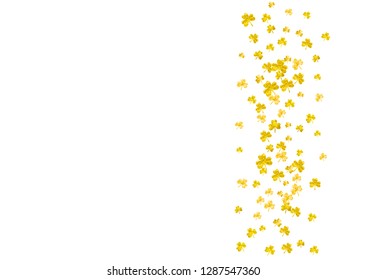 St patricks day background with shamrock. Lucky trefoil confetti. Glitter frame of clover leaves. Template for party invite, retail offer and ad. Celtic st patricks day backdrop